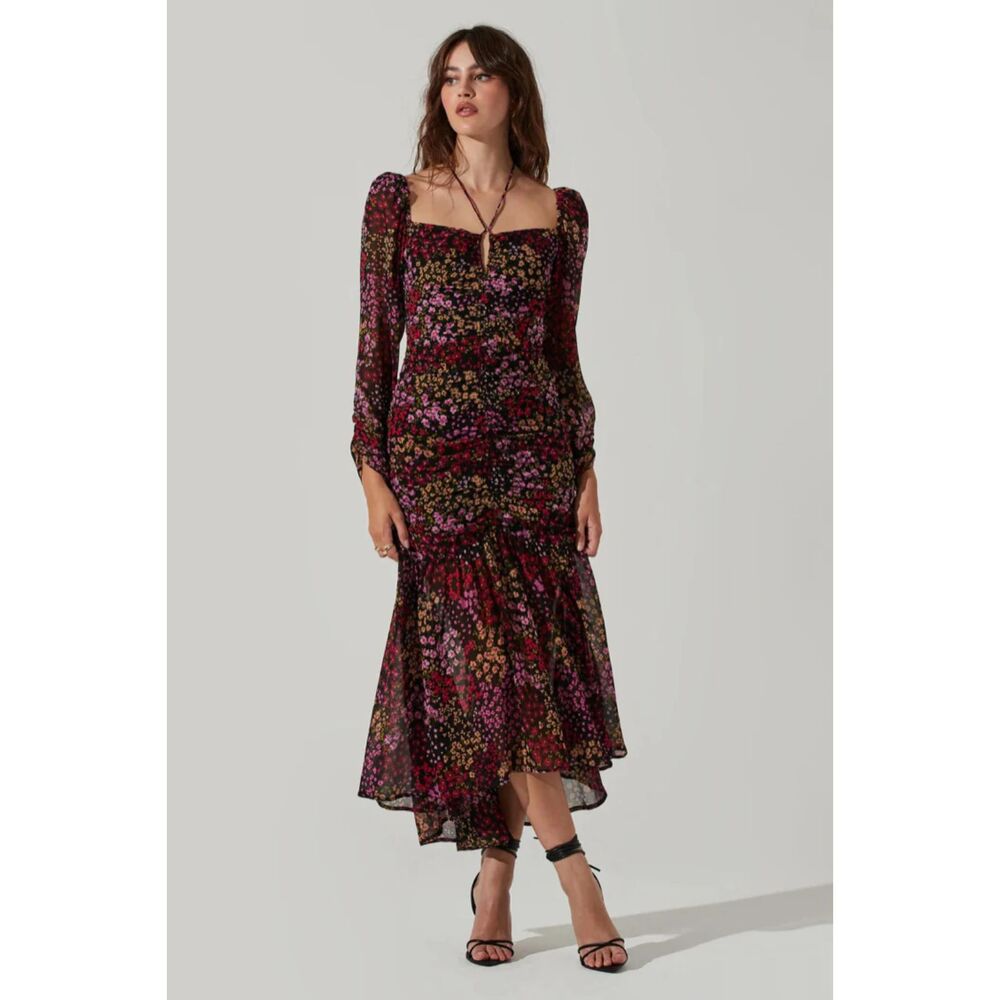 NWT ASTR the Label Athena Floral Ruched Long Sleeve Midi Dress Size: M